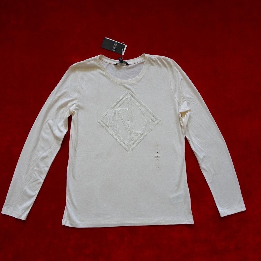 Ralph Lauren Sequin Logo T-Shirt Women's Size L Cream Ivory Color Long Sleeve